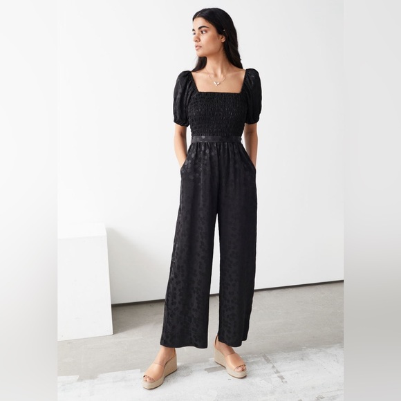 & Other Stories Pants - & Other Stories Smocked Puff Sleeve Wide Leg Jumpsuit Black US 8